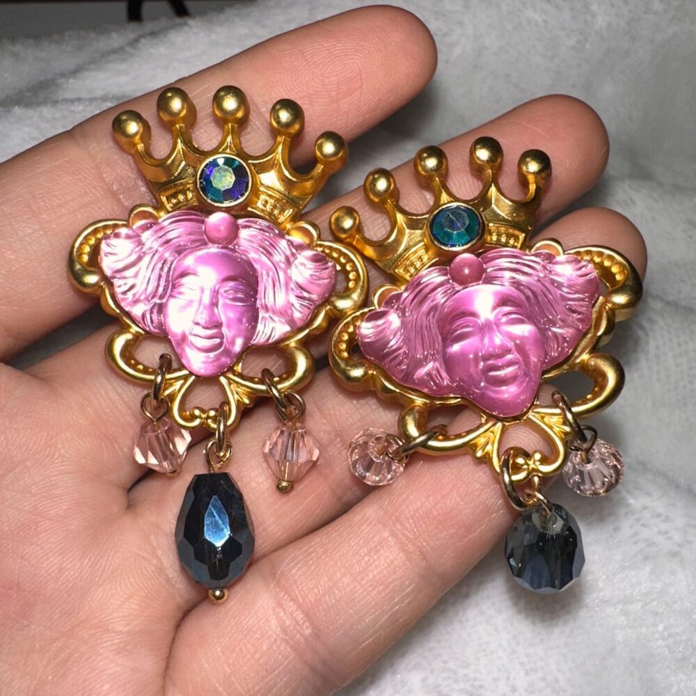 Vintage Gold Crown Pink Cameo Statement Earrings with Crystal Drops
